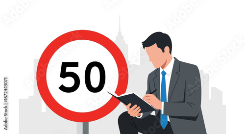Business Professional Observes Speed Limit With City Skyline, Sign, And Written Records