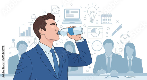 Business Professional Hydrating During Work Meeting, Healthy Lifestyle And Office Environment