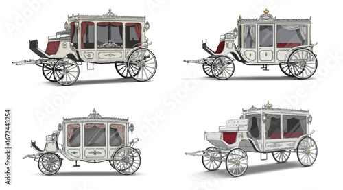 Elegant white funeral carriages featuring ornate details and classical design elements
