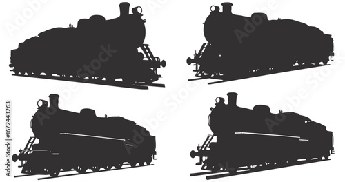 Vintage locomotive silhouettes: Timeless steam engine icons on a white backdrop