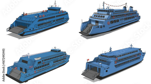 Stylized collection of blue passenger ferries showcasing varied perspectives and ramp designs