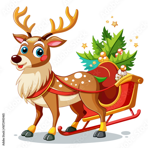 Cartoon reindeer pulling a sleigh full of christmas gifts and trees isolated on white background isolated on transparent background