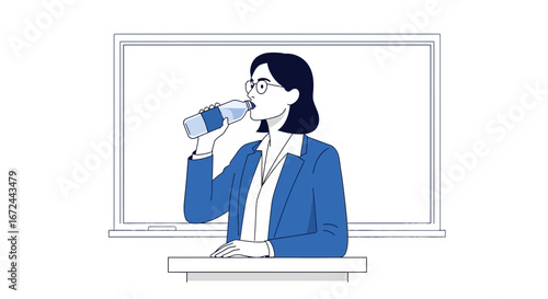 Businesswoman Taking a Break and Hydrating While Standing in Front of a Whiteboard