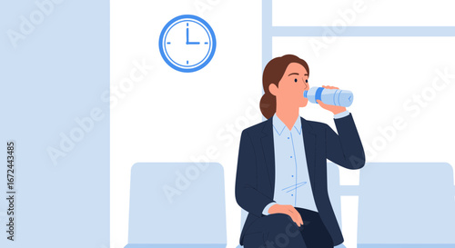 Businesswoman Takes Drink In A Modern Waiting Area While Observing The Time