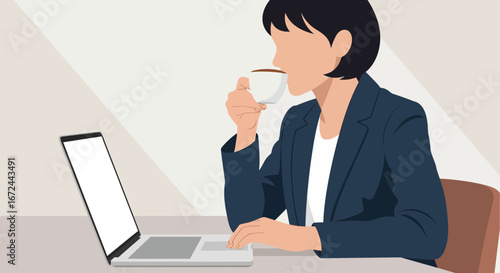 Businesswoman Working And Drinking Coffee Contemplates The Task Before Her On Laptop
