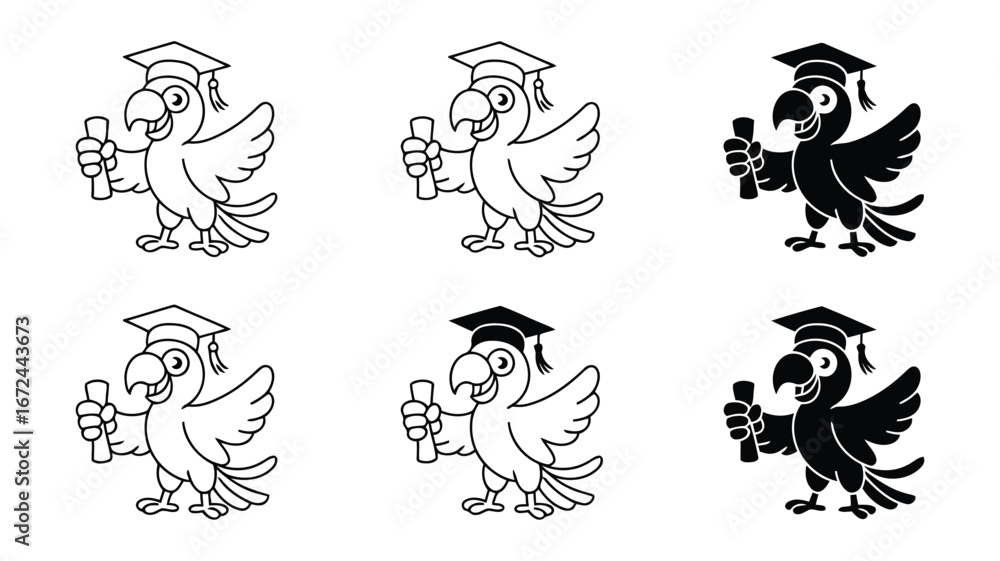 Obraz premium Happy graduating parrot cartoon mascot; line art, silhouette variations; cheerful, celebratory graduation theme.