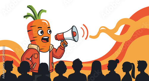 Cartoon Carrot Speaking Into Megaphone Before Crowd, Illustrating Announcement Or A Speech