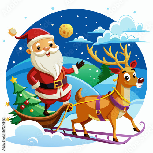 Santa claus riding his sleigh pulled by reindeer with a christmas tree isolated on white background isolated on transparent background