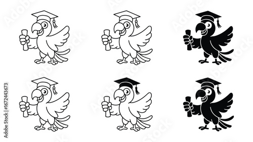 Happy graduating parrot cartoon mascot; line art, silhouette variations; cheerful, celebratory graduation theme.