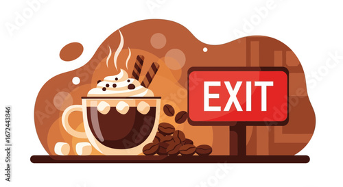 Cafe With A Delicious Coffee Cup And Exit Sign: Creative And Unique Illustration