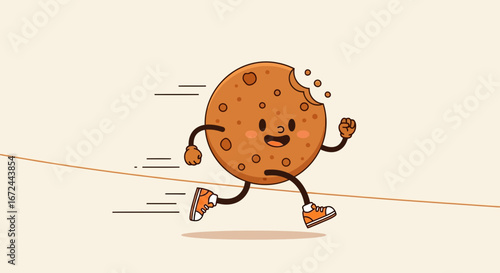 Cartoon Cookie Character Running in Sneakers, Showing Joyful Sprinting, Cute Baking