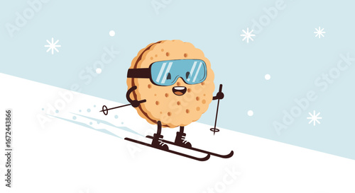 Cartoon Cookie Character Skiing Down Snowy Slope During Winter Season Fun