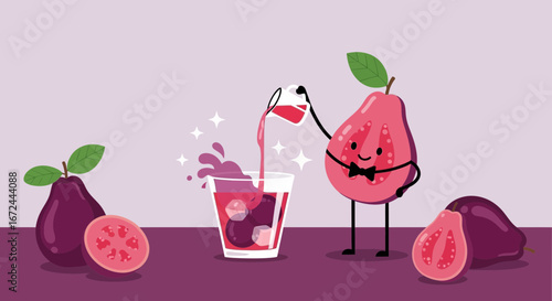 Cartoon Guava Character Pouring Juice Into Glass With Fruits And Sparkling Splashes