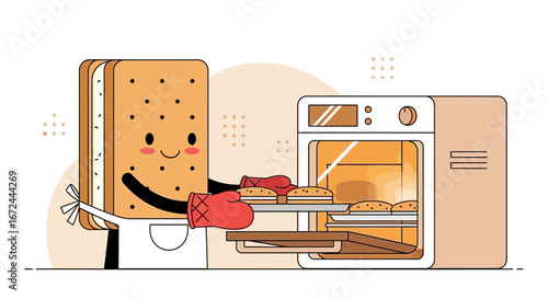 Cartoon Ice Cream Sandwich Baking Delight With Smiling Baked Cookies From The Oven