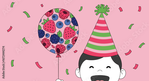 Cartoon Illustration Featuring a Cheerful Person with Fruit Balloon, and Festive Hat
