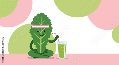 Cartoon Leaf Enjoying a Healthy Smoothie and Practicing Meditation for Wellness
