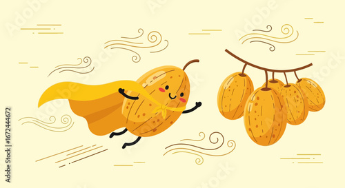 Cartoon Melon Hero Soaring Above, Sweet Fruit Hanging, Playful Design, Yellow Theme