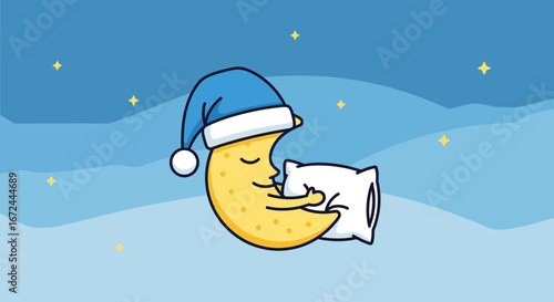 Cartoon Moon In Sleepwear Embracing Pillow Against Starry Sky Backdrop