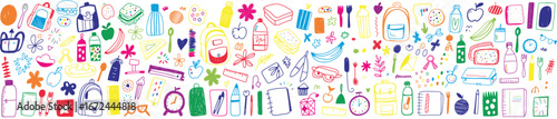 Vibrant neon doodle collage of school supplies including backpacks, books, pencils, rulers, notebooks, globes, calculators, erasers, scissors and art tools on a dark backdrop