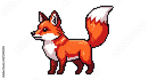 Charming pixel art illustration of a red fox, depicted in a classic 8-bit style, highlighting its vibrant orange fur and distinctive white-tipped tail