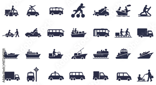 Transportation icons featuring various vehicles and modes of transportation silhouette