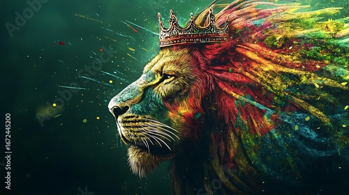 Majestic crowned lion with colorful artistic mane against a dark green background photo
