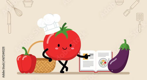 Cartoon Tomato Chef Discovering Recipe Book With Vegetables And Kitchen Utensils