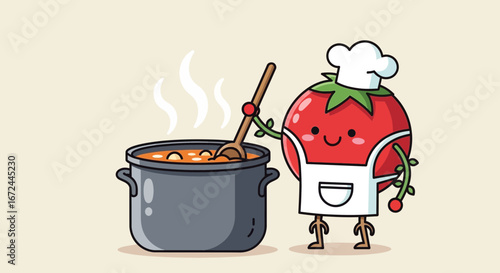 Cartoon Tomato Chef Energetically Prepares a Delicious Soup in a Whimsical Kitchen Scene