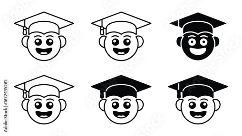 Happy Graduate Emojis: Line Art and Solid Black Icon Set for Education.