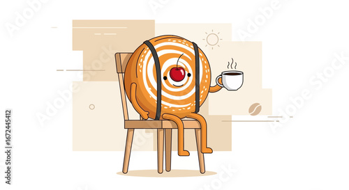 Cartoonish Character With Coffee Enjoying Peaceful Moment And Sitting On Simple Chair