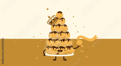 Cartoonish Choux Pastry Tower With a Golden Crown and a Ribbon, Joyful Celebration
