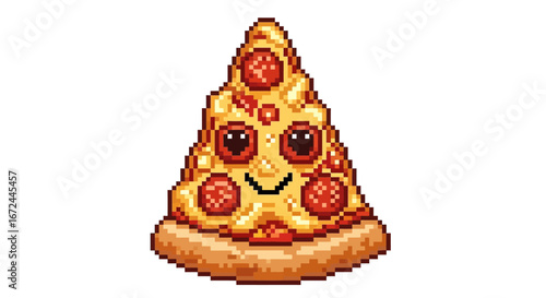 Cute Pixel Art Pizza Character with Pepperoni Slices and a Cheerful Face