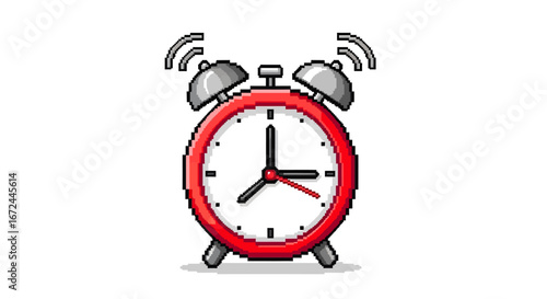 A vibrant pixel art illustration of a ringing red alarm clock, symbolizing wake-up calls, urgent reminders, and the passage of time. Ideal for digital projects needing a retro graphic
