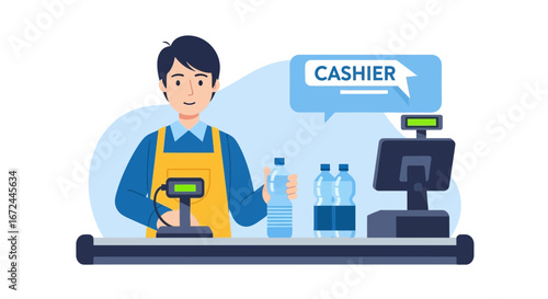 Cashier Working At The Counter, Vector Illustration Of A Supermarket Retail Employee