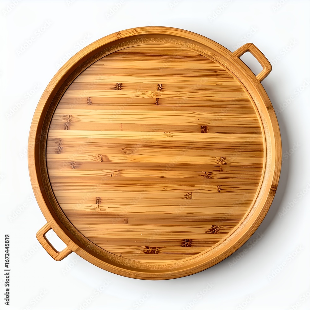 Naklejka premium Elevated view of a rustic circular wooden tray with handles design on white background