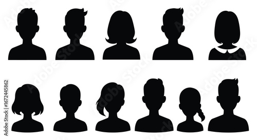 a group of diverse people silhouettes with various hairstyles and necklines