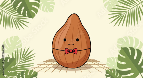 Charming Almond Character With Bow Tie Amidst Lush Tropical Foliage Illustration