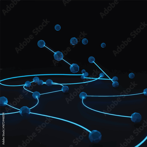 Floating geometric nodes connected by glowing neon blue lines create a complex, abstract network in a dark, mysterious digital space, rendered in 3D.