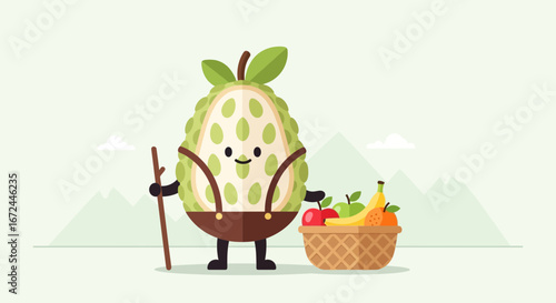Charming Annona Character With Baskets of Tropical Fruits and Nature Landscape Background