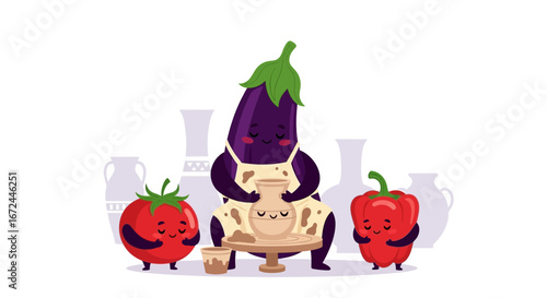 Charming Anthropomorphic Vegetables Crafting Pottery, Demonstrating Artistic Skill and Creativity