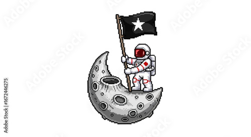 Creative graphic of a cartoon astronaut conquering the lunar surface, planting a symbolic star flag on a cratered crescent moon