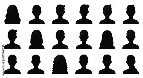 Collection of diverse black silhouettes of people with different hairstyles