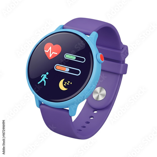 Purple and blue smartwatch displaying health metrics and activity tracking isolated on transparent background