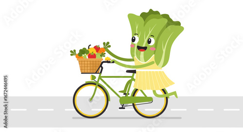 Charming Cabbage Character Cycles with a Basket of Fresh, Colorful Produce