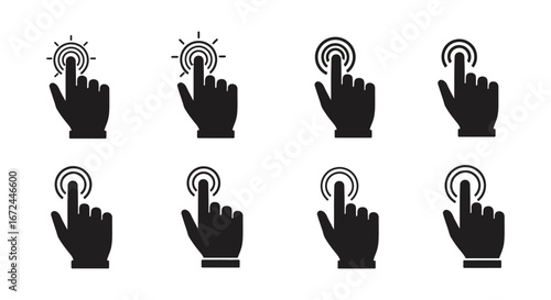 Hand clicking buttons with various cursor effects on white background silhouette