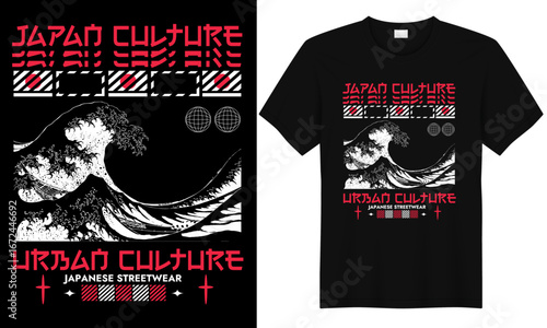 Japanese streetwear t-shirt design featuring Japan culture urban wave theme with bold ocean art and abstract style