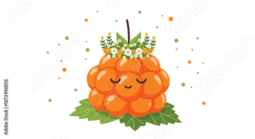 Charming Cloudberry With a Floral Tiara, Delightful Illustration on White Backdrop