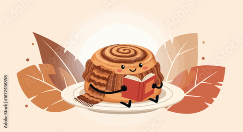 Charming Cinnamon Roll Reading a Book in Cozy Autumn Setting With Scenic Leaves