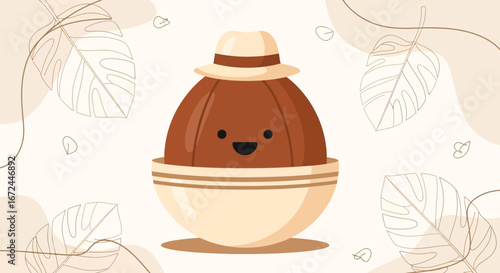 Charming Coconut Character Sunbathing In Bowl With A Delightful Hat And Leafy Accents