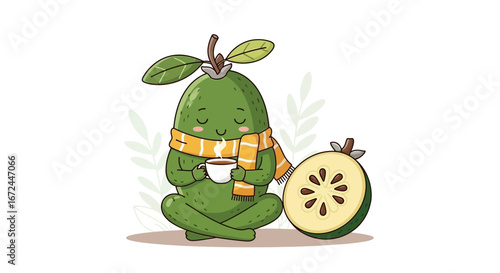 Charming Feijoa Character Enjoys Warm Drink and Contemplative Relaxation Moment